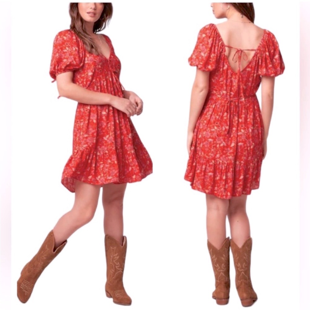 Band of the Free: “Desiree” Crimson Floral Puff Dress